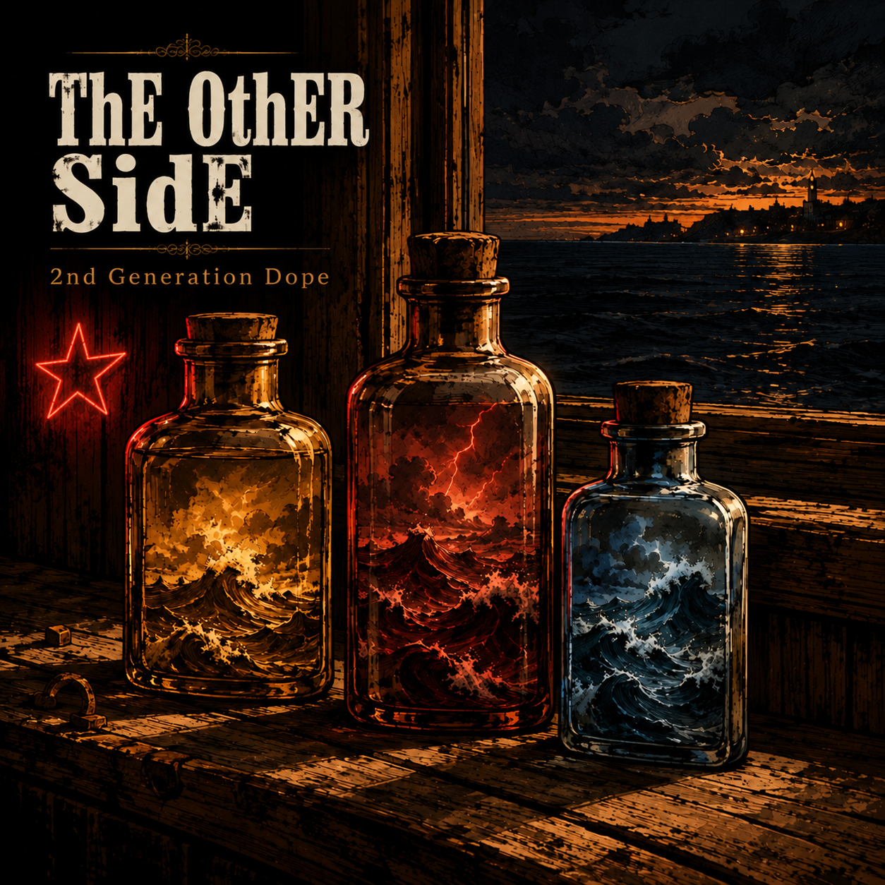 ThE OthER SidE artwork: three bottles holding storm-tossed seas beside a dark harbour